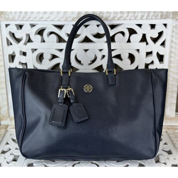 Tory Burch ROSLYN Large NAVY BLUE Leather Work Travel Tote Handbag Shoulder Bag - Picture 1 of 13